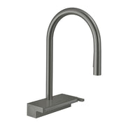Brushed black chrome high-arc kitchen faucet with pull-down spout and rectangular base platform.