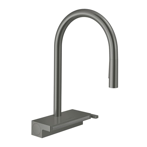 Brushed black chrome high-arc kitchen faucet with pull-down spout and rectangular base platform.