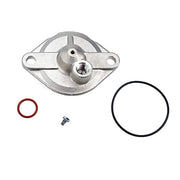 Metal backflow preventer cover repair kit with two o-rings and small metal screw.