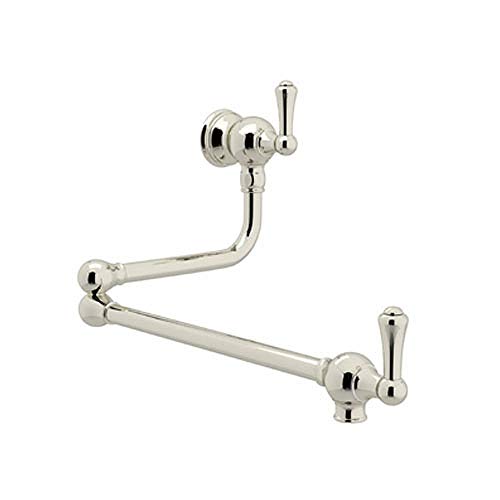 Polished nickel pot filler faucet with dual articulating arms and lever handles mounted on white background.