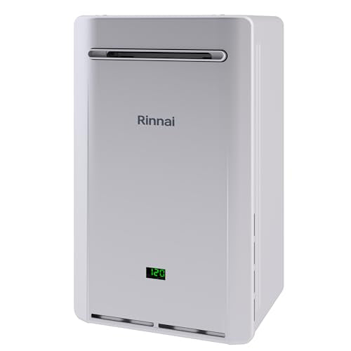 Rinnai silver rectangular tankless water heater with digital display and black control slot on front panel.