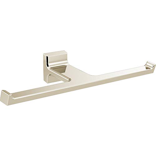 Polished nickel double tissue holder with mounting bracket and two parallel bars for bathroom installation.