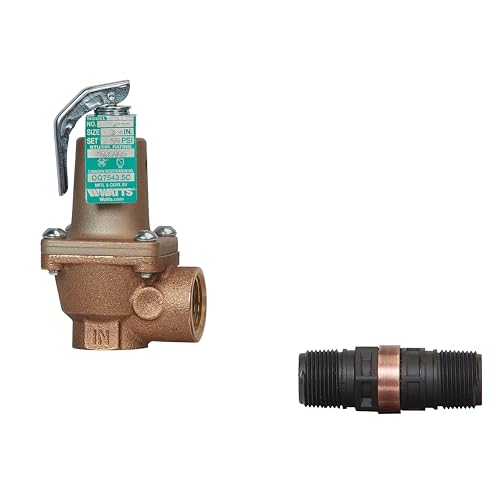 Bronze boiler pressure relief valve with green adjustment cap and separate black flood sensor connector.