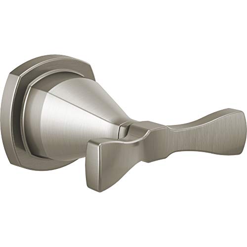Brushed nickel double robe hook with curved mounting plate and lever-style handles.