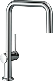 Chrome kitchen faucet with tall U-shaped spout, single lever handle, and pull-down spray nozzle.