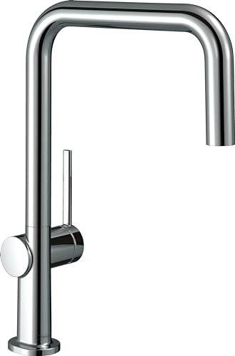 Chrome kitchen faucet with tall U-shaped spout, single lever handle, and pull-down spray nozzle.