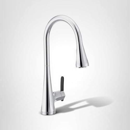 Chrome single-handle pulldown kitchen faucet with curved spout and black lever handle.