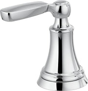 Chrome faucet handle with curved lever and tapered base.