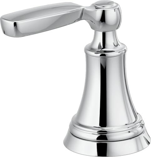 Chrome faucet handle with curved lever and tapered base.
