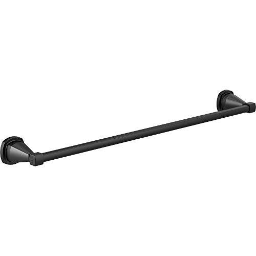 Matte black 24-inch towel bar with conical end caps and mounting brackets on both ends.