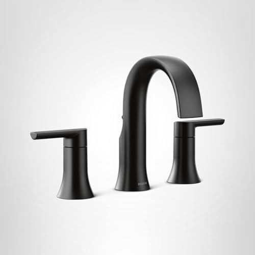 Matte black two-handle widespread bathroom faucet with curved spout and lever handles.