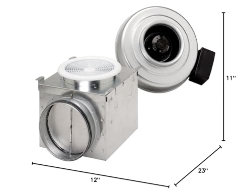 White metal bathroom exhaust fan unit with round duct connector and damper, 12" x 23" x 11".