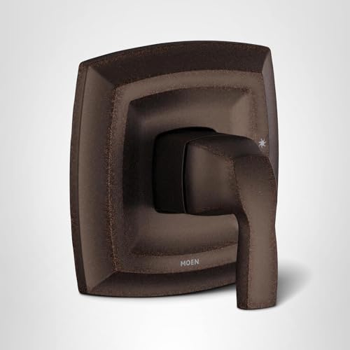 Oil rubbed bronze single-handle shower trim kit with curved square escutcheon and lever handle.