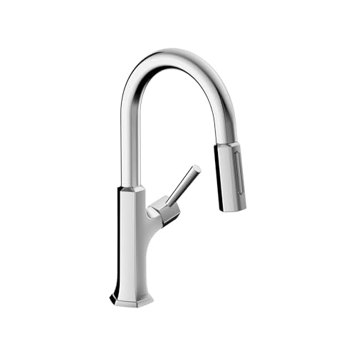 Chrome pull-down kitchen faucet with curved spout and single lever handle on cylindrical base.
