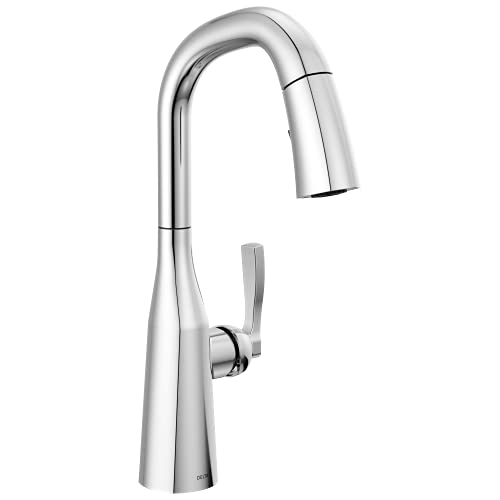Chrome single-handle pull-down kitchen faucet with curved spout and lever handle.