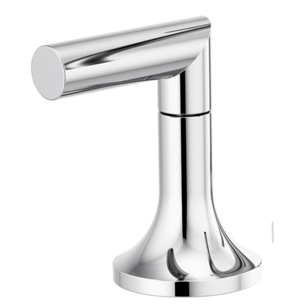 Polished chrome lever handle with cylindrical spout and pedestal base for Roman tub installation.