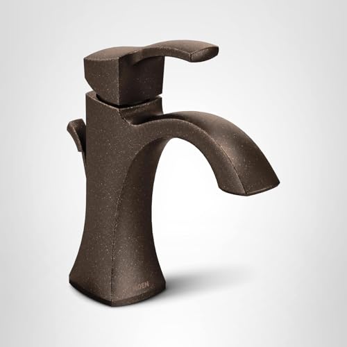 Bronze single-handle bathroom faucet with high arc spout and square base design.