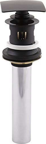 Black and chrome push pop-up drain stopper with square overflow cover and white cylindrical base.