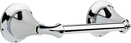 Chrome tissue holder with two round wall mounts connected by cylindrical bar.