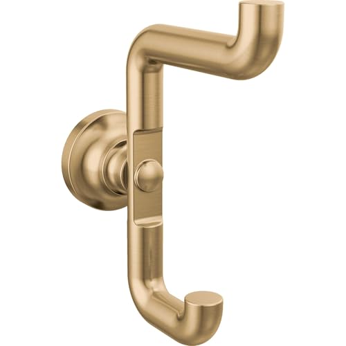 Brushed gold double robe hook with curved arms and circular wall mount plate.