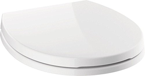 White round toilet seat with slow-close lid and seat ring shown in closed position.