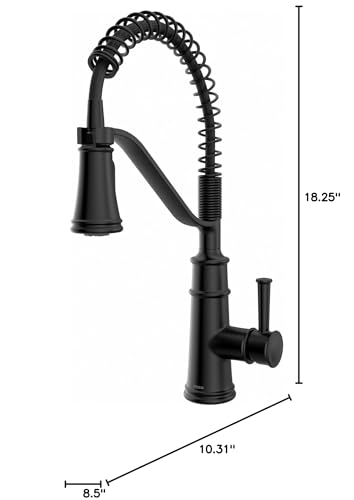 Matte black kitchen faucet with coiled spring spout, single handle, and pre-rinse spray head, 18.25 inches tall.