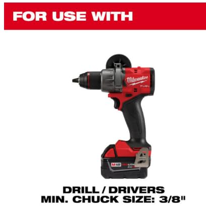 Milwaukee red and black cordless drill with battery pack and text indicating compatibility with 3/8" minimum chuck size drill