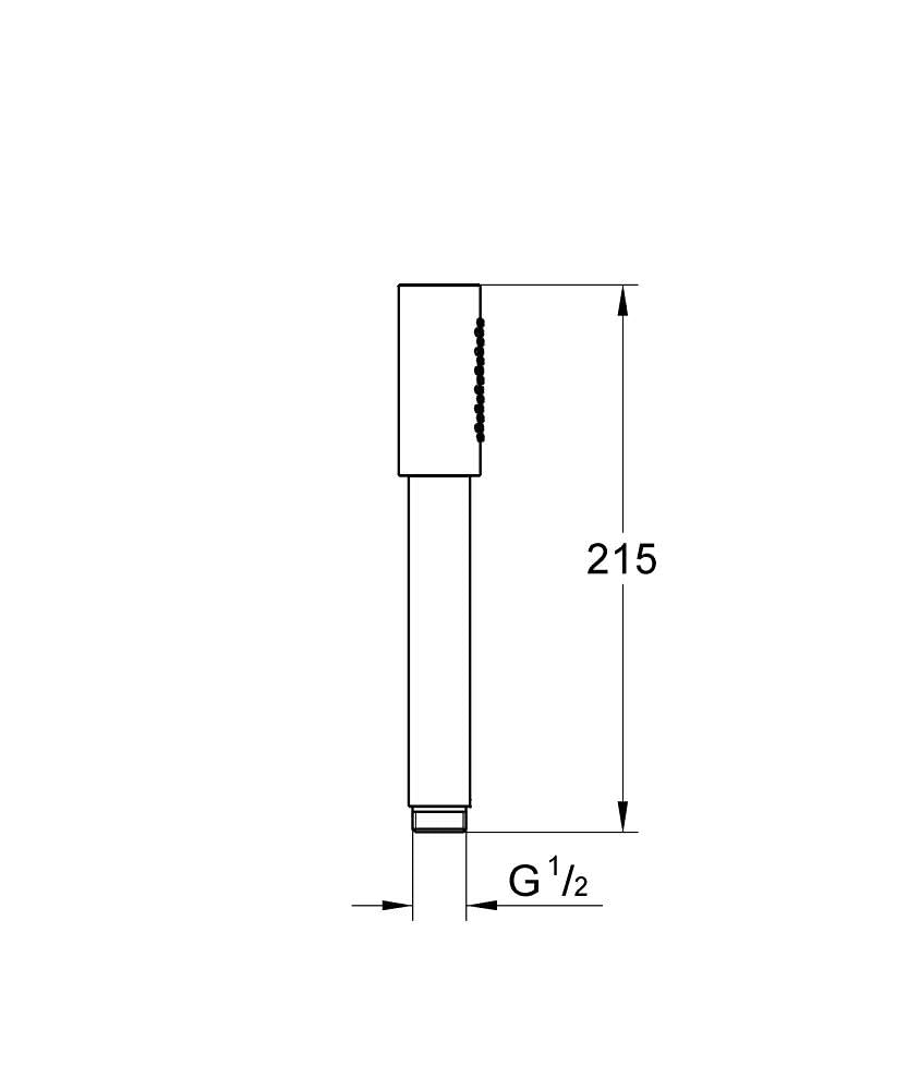 Chrome stick hand shower with single spray outlet and grip texture, dimensions 215mm height and G1/2 connection.