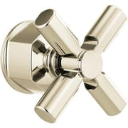 Polished nickel pressure balance valve trim with cross handle and round escutcheon plate.