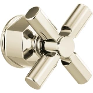 Polished nickel pressure balance valve trim with cross handle and round escutcheon plate.
