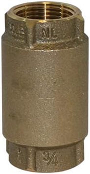 Brass check valve with threaded female connections on top and bottom, cylindrical body with textured surface.