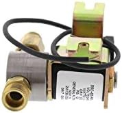 Brass solenoid valve with black coil and attached copper tubing connector on white background.