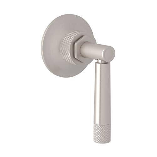 Satin nickel wall-mounted trim lever with circular backplate for volume control and diverter valve.