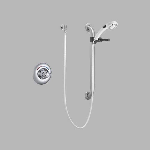 Chrome single-handle shower trim with wall-mounted valve, handheld showerhead, and adjustable slide bar.