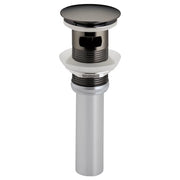 Black onyx push-button pop-up drain with overflow feature and chrome accents for sink installation.