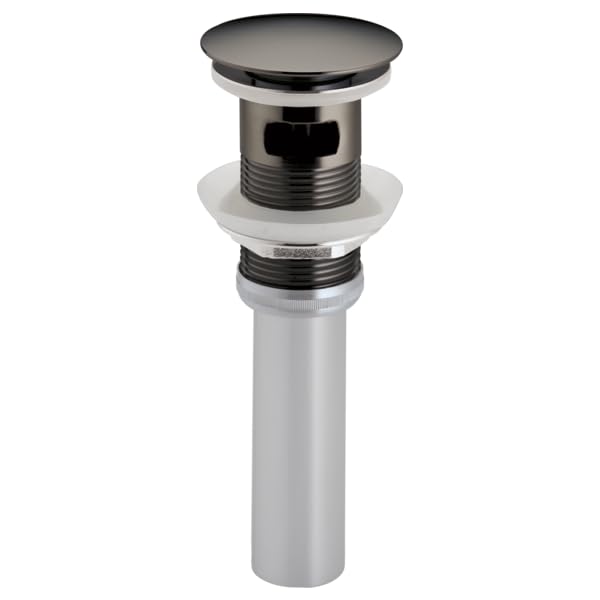 Black onyx push-button pop-up drain with overflow feature and chrome accents for sink installation.