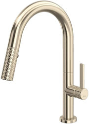 Satin nickel pull-down kitchen faucet with curved spout and textured spray head.