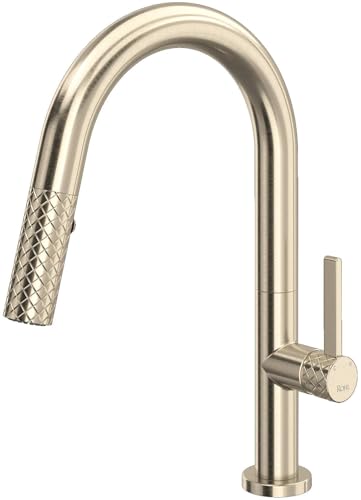 Satin nickel pull-down kitchen faucet with curved spout and textured spray head.