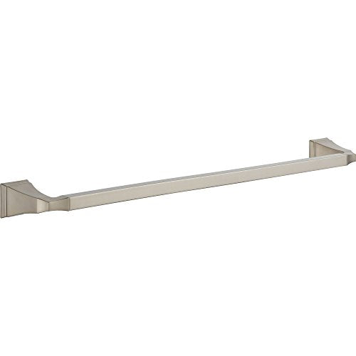 Brushed nickel towel bar with square wall-mounted brackets on each end.