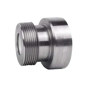 Metal check valve assembly with threaded connection on left and smooth cylindrical end on right.
