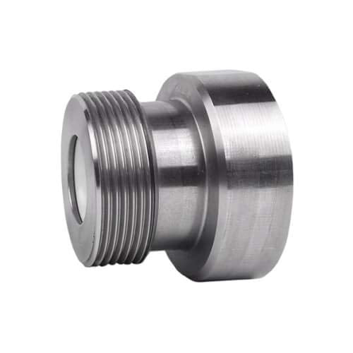 Metal check valve assembly with threaded connection on left and smooth cylindrical end on right.