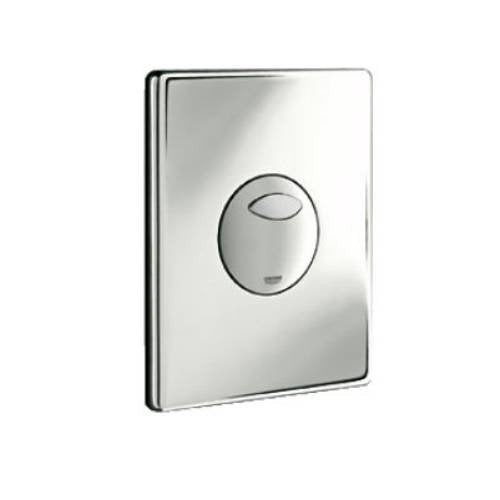 Grohe Skate chrome wall plate with oval dual-flush button for toilet cistern.