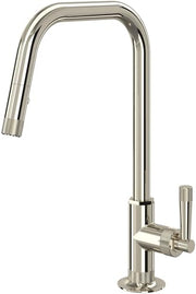 Polished nickel pull-down kitchen faucet with U-shaped spout and single lever handle.
