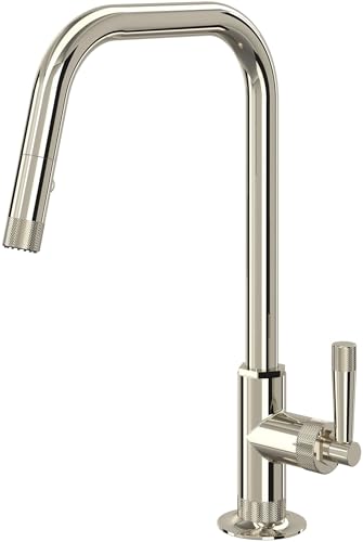Polished nickel pull-down kitchen faucet with U-shaped spout and single lever handle.