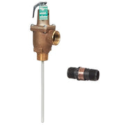 Bronze temperature and pressure relief valve with attached discharge tube and separate flood sensor connector.