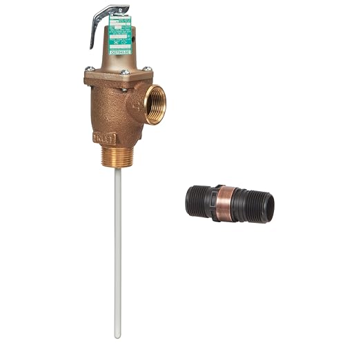 Bronze temperature and pressure relief valve with attached discharge tube and separate flood sensor connector.