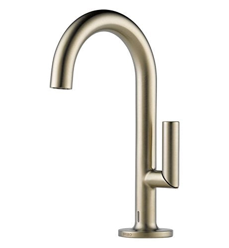 Chrome single-handle electronic lavatory faucet with curved gooseneck spout and lever handle.