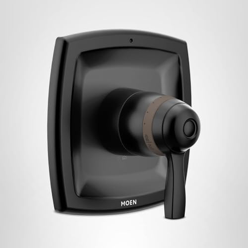 Moen Voss matte black thermostatic shower valve trim with single lever handle and rounded square escutcheon plate.