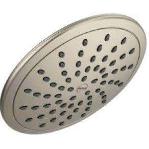 Brushed nickel rain shower head with circular face and multiple spray holes in concentric pattern.