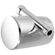 Chrome shower filter attachment with cylindrical body, angled outlet arm, and circular face plate marked "DELTA."
